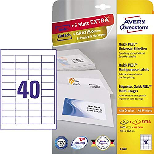 AVERY Zweckform 4780 Universal Etiketten (1.000 plus 200 Klebeetiketten extra, 48,5x25,4mm auf A4, Papier matt, individuell bedruckbar, selbstklebende Aufkleber mit ultragrip) 30 Blatt, weiß