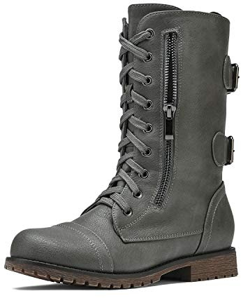 DREAM PAIRS Women's Terran Grey Mid Calf Built-in Wallet Pocket Lace up Military Combat Boots Size 7 US/ 5 UK