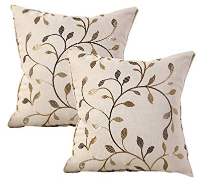 GYROHOME Throw Pillow Case,Pack of 2, Classical Embroidery Jacquard Leaf Pattern Square Decorative Cushion Cover,Golden,18x18in