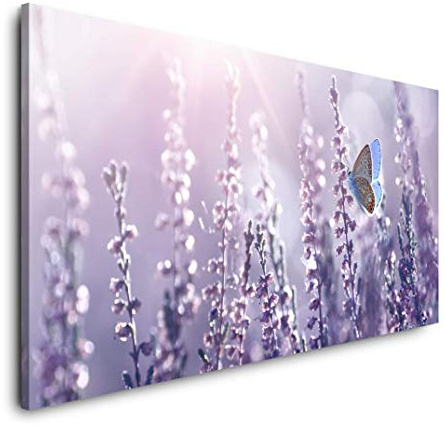 Lavendel und Schmetterlinge 120x 60cm Panorama Leinwand Bild XXL Format Wandbilder Wohnzimmer Wohnung Deko Kunstdrucke