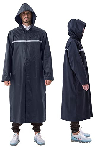 ioutdoor Premium - Poncho impermeable reutilizable con cinta reflectante, impermeable ligero y duradero con capucha con cordón para adultos, mujeres, hombres y mujeres, azul marino, extra-large
