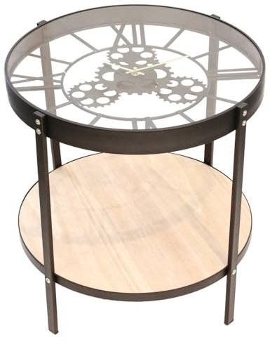 HOME DECO FACTORY - HD6447 Table Basse d'appoint avec Horloge, Fer, Noir, Transparent, 50 x 50,5 x 51 cm, Le mécanisme Fonctionne grâce a des Piles AA LR06 1.5V (Non fournie)