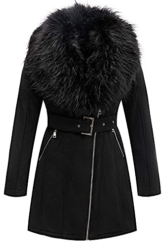 Geschallino Giacca Lunga da Donna in Finta Pelle Scamosciata Parka Foderato in Inverno Caldo Pile con Collo in Pelliccia Staccabile FF206 Nero XL