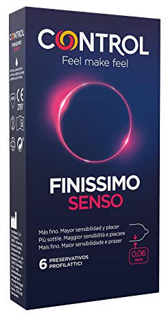 Control Preservativi Finissimo Senso. Scatola di 6 preservativi più sottili, maggiore sensibilità, lubrificati, sesso sicuro. Goditi dei preservativi con vestibilità perfetta per un rapporto sicuro.
