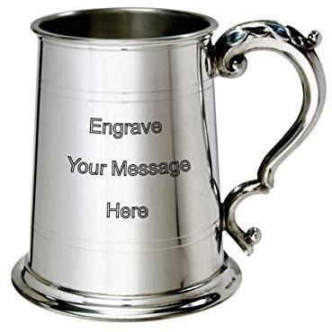 One Pint Pewter Tankard – Standard Lined with Fancy Handle – Classic Traditional British Beer Mug Gift (with Engraving)