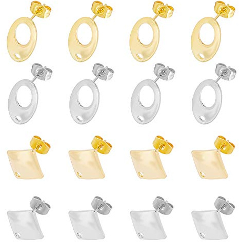 UNICRAFTALE Circa 40 set 2 colori Orecchini A Bottone In Acciaio Inossidabile Risultati A Perno Ovale A Rombo con Dadi per Le Orecchie Orecchino Color Oro e Acciaio Inossidabile con Anello