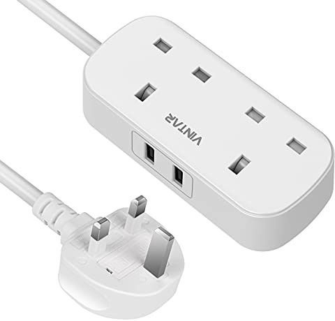 VINTAR Extension Lead with USB Slots, Power Strip with 2 Way Outlets | 2 USB Slots, 13A/3250W, 1.8M Extension Cord, Plug Extension Socket for Home Office, White, 1 pack