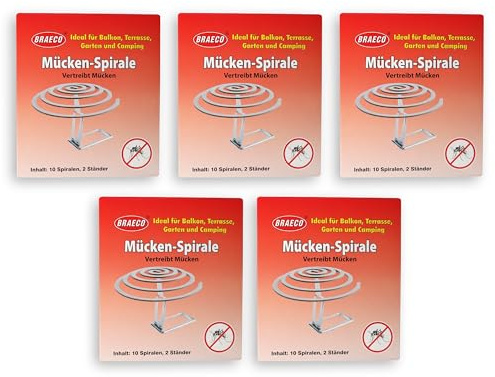 Braeco Mücken Spirale 5er Pack – 50 Stück mit 10 Ständern – Mückenschutz für Balkon, Terrasse, Garten & Camping – Schutzbereich bis 7,5 m² pro Spirale – Einfach aufzustellen - Outdoor-Mückenabwehr | Braeco Mücken Spirale 5er Pack – 50 Stück mit 10 Ständern – Mückenschutz für Balkon, Terrasse, Garten