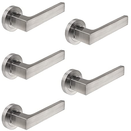 Emuca - Poignée de porte intérieur, lot de 5 ensembles de poignées de porte avec rosace D.50 mm, Aluminium, Nickel satiné.
