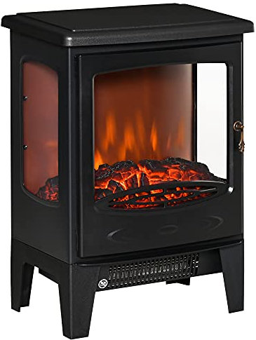 HOMCOM Camino Elettrico Effetto Fiamma e 3 Lati Aperti, Temperatura Regolabile 900W-1800W, Copertura 20-25m², 39x26x54.8cm, Nero