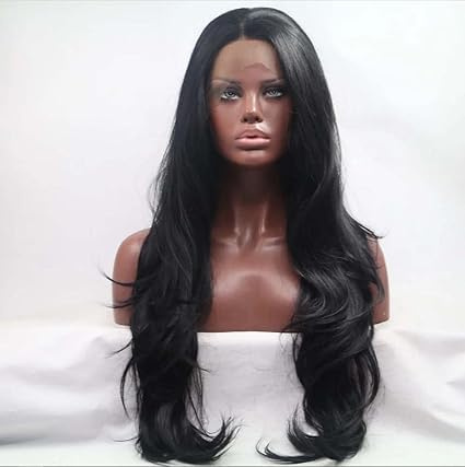 Schwarze Perücke, gewellt, Kunsthaar, Lace-Front, hitzebeständig, Cosplay- und Party-Perücke, 66 cm