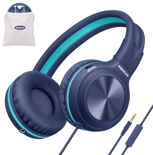 SIMOLIO Wired Kids Headphones for School with Microphone, Volume Limiting & Noise Cancelling PC Headset with Cord, Plug in Headphones for Tablet, Laptop (Navy Blue)