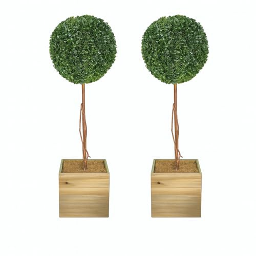 86cm Artificial Topiary Ball Trees – Pack of 2 | Boxwood Topiary in Wooden Planters | Indoor & Outdoor Doorway Décor