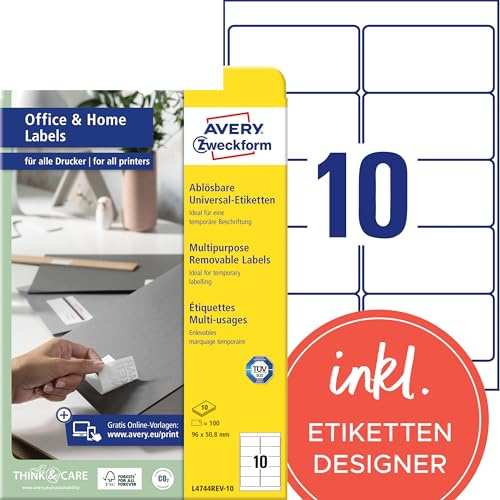 AVERY Zweckform L4744REV-10 Universal Etiketten (100 Klebeetiketten, 96x50,8mm auf A4, wieder rückstandsfrei ablösbar/abziehbar, individuell bedruckbare, selbstklebende Aufkleber) 10 , weiß
