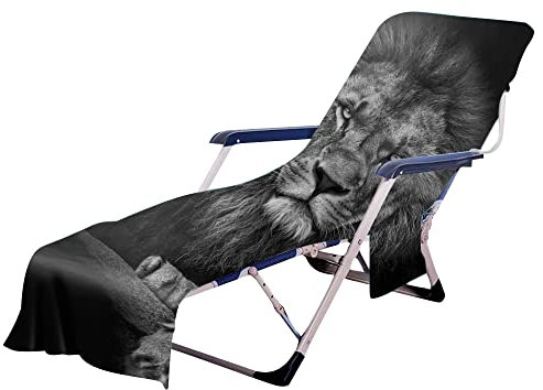 Highdi Schonbezug Liegestuhlauflage, Schonbezug für Gartenliege, 3D Strandliegenauflage mit Taschen, Mikrofaser Handtücher für Strandliegen Liegestuhl (75x210cm,Löwe)