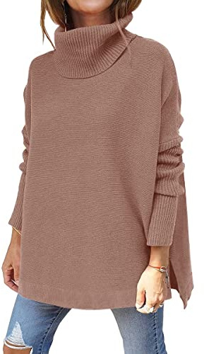 Rayson Maglione da Donna a Collo Alto Pullover in Maglia Casual Tinta Unita Pullover Manica Lunga Manica a Pipistrello Stare al Caldo in Inverno（Marrone,S