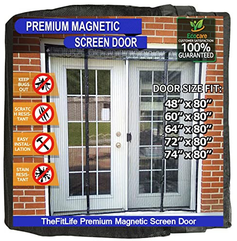 TheFitLife Double Door Magnetic Fly Screens for Doors - Mesh Curtain with Full Frame Hook and Loop, Powerful Magnets, Snap Shut Automatically Patio Door, Sliding French Black