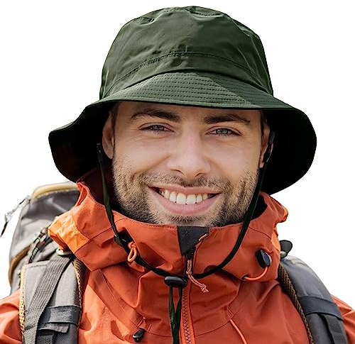 TOP-EX Mens Waterproof Bucket Hat for Walking Golf Safari Rain Hats UPF 50+ Sun Hat Packable All Weather Hat Windproof Chin Strap Breathable Adjustable Green XL/XXL