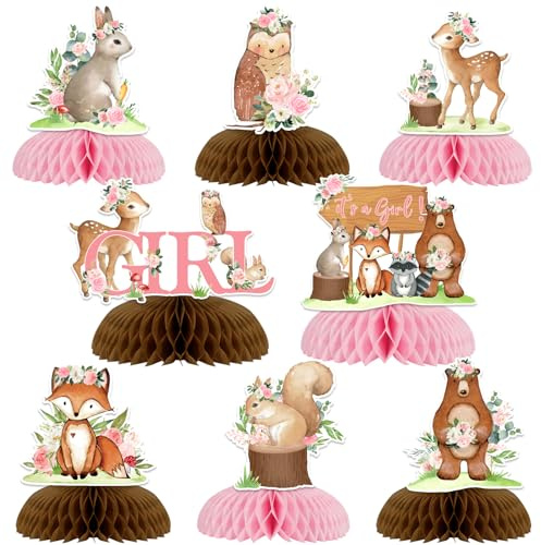 8 Stück Waldtiere Babyparty Wabenaufsätze für Mädchen, rosa Blumenwald-Tischdekorationen, Waldtier-Thema, Partyzubehör