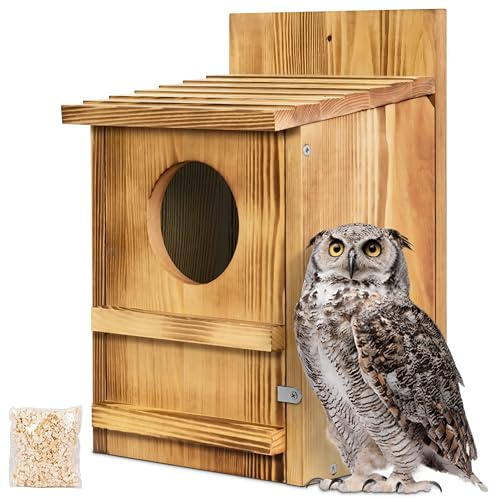 Screech Owl House, Owl Bird Box Large Handmade Wooden Circular Opening Screech Box for Outside with Mounting Screws and A Bag of Wood Spänes, Easy Assembly Required (Brown, 22.9 cm x 36.8 cm)