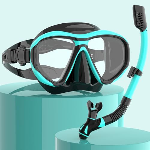 Findway Snorkel Set Adult,Dry Snorkel and Mask, Anti-Fog & Anti-UV Tempered Glass, Panoramic Wide View Snorkel Mask, Free Breathing& Easy Adjustable Strap Mask for Diving, Snorkelling and Swimming