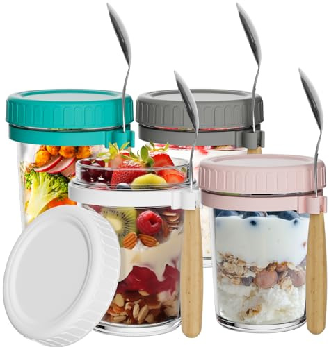 HYCKee 12oz Overnight Hafergläser 4pack, Overnight Haferbehälter mit Deckel und Löffel, Glas Mason Gläser mit Messmarken Luftdicht für Haferflocken, Getreide, Joghurt, Obstsalat,meal prep gläser