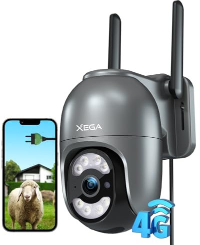 Xega 4G LTE Plug in Security Camera Outdoor With SIM Card【24/7 Recording】 2K Wired No WiFi Security Cam, IP PTZ CCTV Auto Tracking Human Detection Spotlight Siren Alert IP66 (Not Support WiFi)