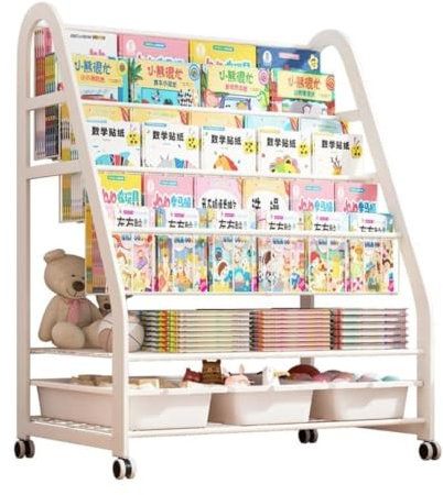 IRYZE Bücherregal Bücherschrank 3-stufiges Bücherregal Mit Lagerregal Und 3 Boxen Zeitungsständer Metallmalerei Bücherrolle Bodenzeitungsständer Büroregal Aktenschran
