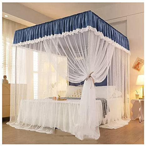 EsEntL Blaues 4-Eck-Säulenbett-Baldachin-Moskitonetz, mit Halterung, Frühling, Sommer, Herbst, Winter, Einzelbett, dekorativer Vorhang (Farbe: Stil 1, Größe: 180 x 230 cm/71 x 91 Zoll)