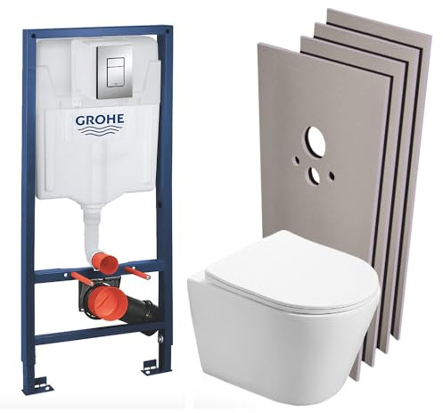Hänge Spülkasten Wc Anschluss Set - Stützrahmen, SAT Infinitio WC ohne Flansch, unsichtbare Befestigung, Chromplatte, Verkleidungsset, Kloschüssel, Toiletten - Vorwandelement Komplettset, für Gäste