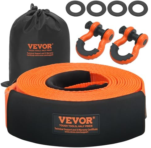 VEVOR Kit di Recupero Cinghia da Traino in Poliestere Resistente, Fune per Verricello da 85,1 mm x 9,1 m, 16329 kg, Tripla Fibbia Rinforzata, Ricevitore con Gancio a Grillo, Cinghia Camion Jeep SUV