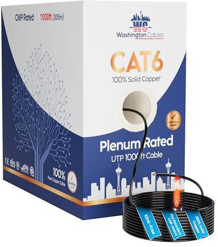 Washington Cables Cat6 Ethernet Cable 1000ft Plenum | 550MHz, 23AWG, 4Pair Cat 6 Plenum Cable 1000ft |100% Solid Bare Copper Conductor | Premium Cat 6 1000 ft Solid Copper Cable (Black)