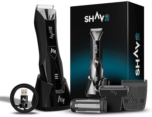 Shav 2 - Afeitadora íntima para hombre, afeitadora para hombre, zona íntima, afeitadora corporal 2 en 1, impermeable, secado en húmedo, LED, USB-C, agradable a la piel, batería de 120 min (negro)