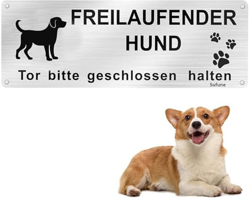1 Stück Achtung Hund Schild, 25x 9cm Vorsicht Freilaufender Hund, Warnschild Hund Aluminium mit Selbstklebend und Vorgebohrten Löchern