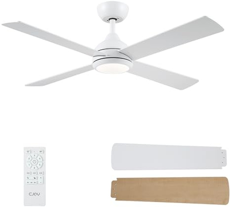 CJOY Deckenventilator mit Fernbedienung 122cm, Weiß Deckenventilator mit Licht Leise 4 Flügel, 6 Geschwindigkeiten, Speicher 3CCT, Dimmbar, Umkehrbare DC, Für Schlafzimmer