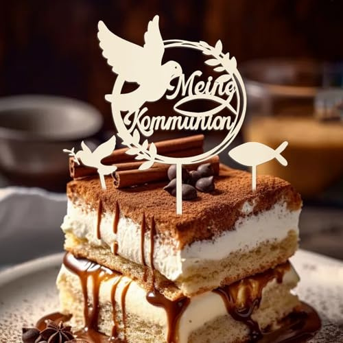 3 Stück Tortendeko Konfirmation, Taufe Holz Tortendeko, Meine Kommunion Cake Topper, Holz Fisch und Taube Konfirmation Deko, Erstkommunion Party Kuchen Deko für Junge Mädchen