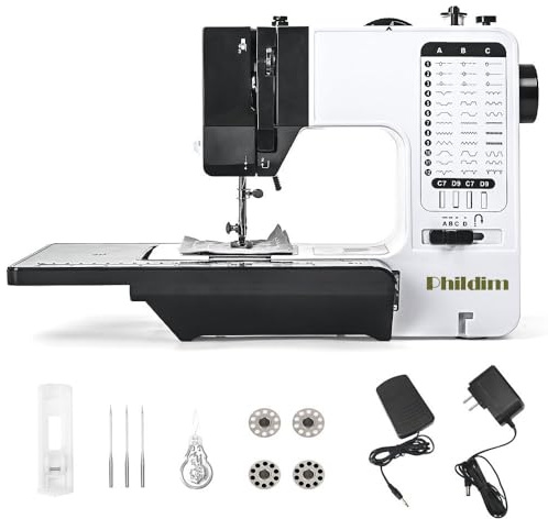 Mini Sewing Machine by Phildim (Extension Table included), Small Portable Sewing Machine, Adult Mending Machine with 38 Built-In Stitches, Reverse Sewing and LED Light PD-056-A17