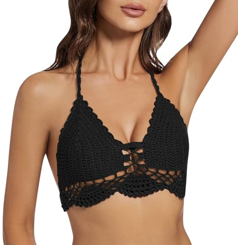 Damen Häkel-Bikini, Neckholder, Bralette, rückenfrei, Camisole Strick-BH, Tops, Sommer, Strandmode, Schwarz, small