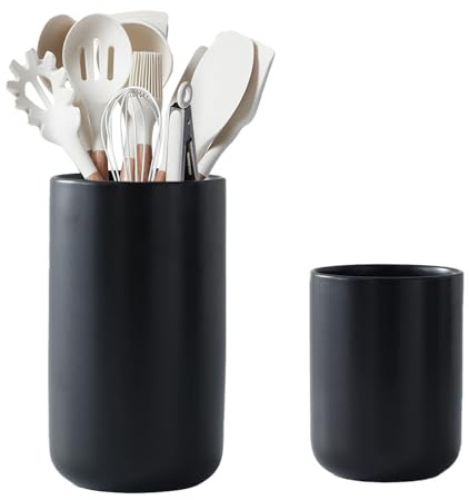 Cobenga 2 Pcs Kitchen Utensil Holder for Countertop, 2 Size Ceramic Utensil Crocks Holder, Modern Cooking Tool Spatula Organizer for Kitchen Counter Storage, Matte Black