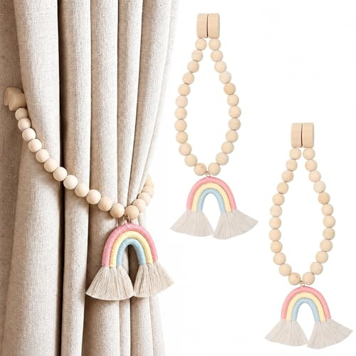 2Stück Vorhang Raffhalter Magnetisch Gardinenhalter Kinder Vorhanghalter | Regenbogen Quasten Magnetisch Raffhalter für Vorhänge Kinder Beige Boho Gardinenhalter Kinderzimmer Haus Schlafzimmer Büro