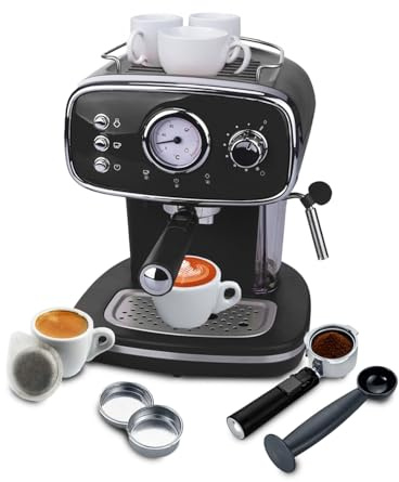 Wintem - Macchina Caffè Nera 1100 W per Espresso e Cappuccino con Lancia Vapore, Compatibile con Cialde e Caffè Macinato, Serbatoio Rimovibile 1,2 L, Pressione 15 Bar