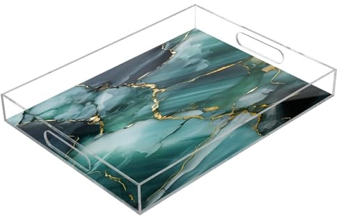 Plateau rectangulaire de luxe en acrylique transparent avec poignées en marbre vert doré 30,5 x 40,6 cm