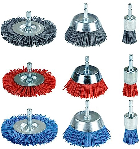 Harewtwy 9PCS di Nylon Abrasiva Ruota e Set di Spazzole A Tazza Set di Spazzole In Nylon Grigio e Blu e Rosso per la Rimozione Della Antiruggine
