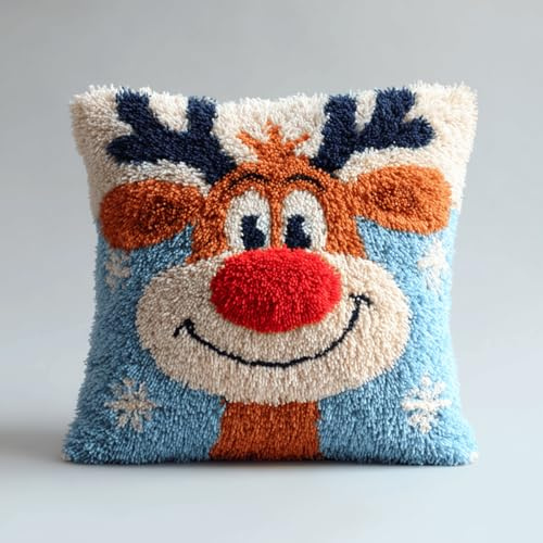 Kit Tapis au Point Noué Noël Coussin 43 cm,Kit de Crochet de Verrouillage avec Toile Pré-Imprimée,DIY Tapisserie à Faire Soi-Même,Coussin Décoratif Fait Main pour Adultes et Enfants(d'élan de Noël)