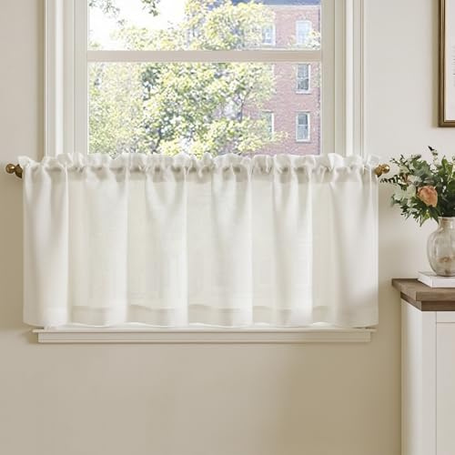 TOPICK Bistrogardin uppsättning av 1 fönstergardin 40 x 140 B cm vitt linneutseende fönstergardin gardin modern gasväv halsdukar fönstergardiner ljusgenomsläpplig fönstergardin kök vardagsrum lantlig