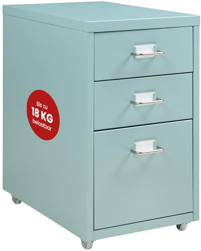 [en.casa] Rollcontainer Kökar Schubladenschrank Metall Aktenschrank mit 3 Schubladen Bürowagen mit Rollen für Arbeitszimmer 48 x 28 x 41 cm Mintgrün