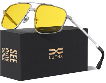 LUENX Night Driving Glasses, Anti Glare Night Vision Glasses for Driving, TAC Polarised Lens, Yellow Tinted Sunglasses, Glare Reducing Nighttime Driving Glasses for Men & Women 60mm