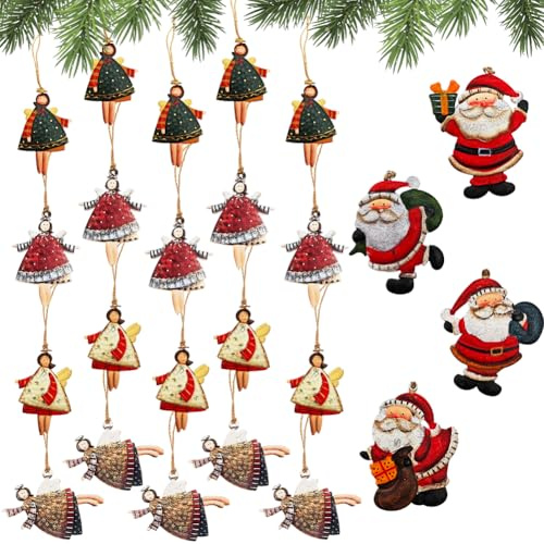 Weihnachten Deko Anhänger 24 Stück,Weihnachtsmann und Schutzengel Geschenk,Holz und Metall ，Christbaumschmuck Glücksbringer Silvester für Baumschmuck Weihnachten Festliche