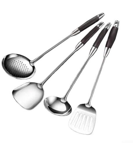 Küchenhelfer-Set aus Edelstahl und Holz, mit hitzebeständigem Spatel, Suppenkelle und Schaumkelle zum Kochen, Braten und Servieren in der Küche zu Hause (schwarze Holzpfanne)