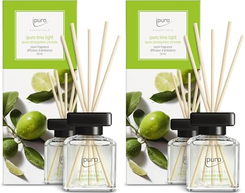 ipuro - Essentials Raumduft LIME LIGHT 50ml | Raumerfrischer mit Zitronengras, Bergamotte, Orange, Geranie, Maiglöckchen & Vanilleblumen Duft Aroma | Diffuser mit Stäbchen | Lufterfrischer für Wohnung